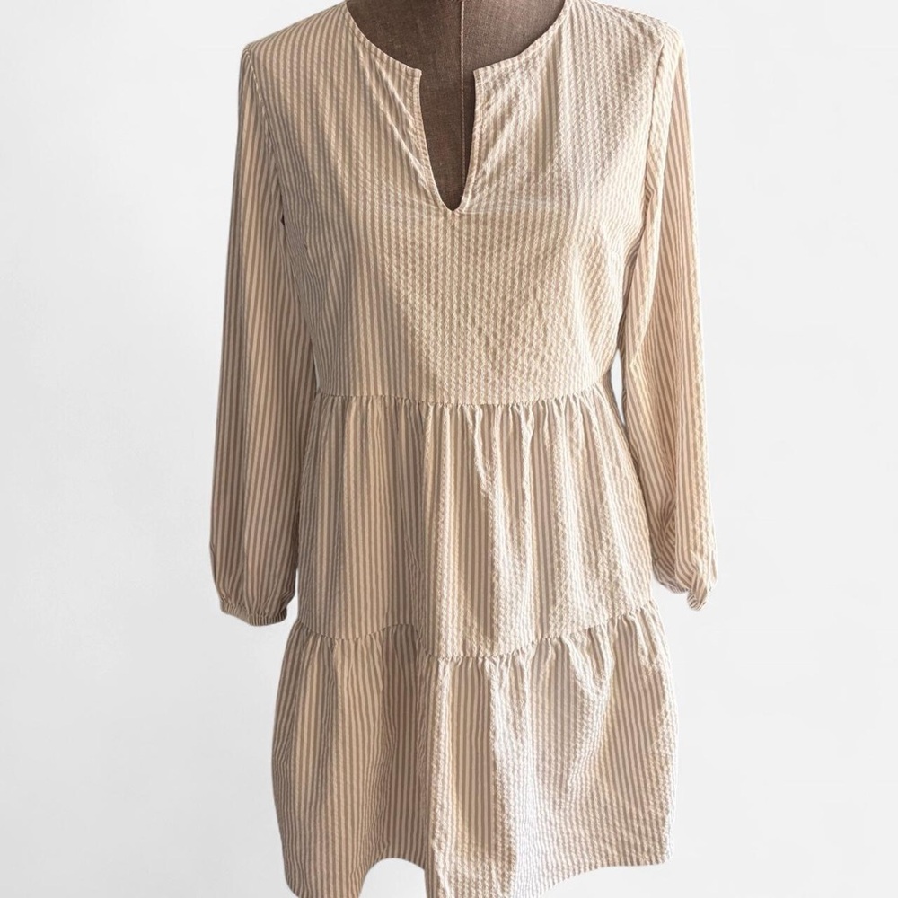 Vineyard Vines Harbor Seersucker Tiered Dress in a khaki stripe pattern